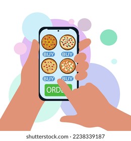 Smartphone screen with a choice of different types of pizza and an Order button in the hands of a white man. Online pizza order with delivery.