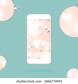 Smartphone screen with Christmas balls. Volumetric beige Christmas balls on a turquoise background. Idea for a holiday card