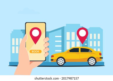 Smartphone screen with city map in hand, taxi car and location pin. Smart city transportation. Online order taxi service. Flat vector template Style Suitable for Web Landing Page.