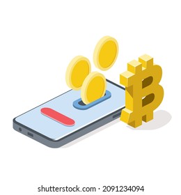 Smartphone screen coins, bitcoin label. Vector 3d line isometric, color web icons, new flat style. Creative design idea for infographics.