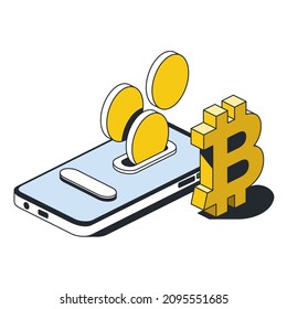 Smartphone screen coins, bitcoin symbol. Vector 3d line isometric, color web icons, new flat style. Creative illustration, design idea for infographics.