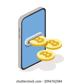 Monedas de pantalla de Smartphone con bitcoin. Vector 3d isométrico, iconos web de color, nuevo estilo plano. Ilustración creativa, idea de diseño para infografías.