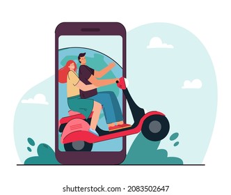 Smartphone screen with couple riding moped on planet background. Male and female characters on vacation flat vector illustration. Travelling concept for banner, website design or landing web page