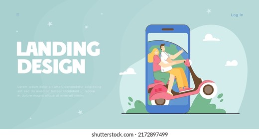 Smartphone screen with couple riding moped on planet background. Male and female characters on vacation flat vector illustration. Travelling concept for banner, website design or landing web page