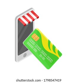 Smartphone-Bildschirm mit Kreditkartenvektorgrafik - Isometrische Illustration
