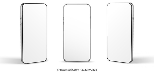 Smartphone screen device rotated positions isolated templates. App concept preview mockup with blank screen display different angels frame. Cell business realistic preview.