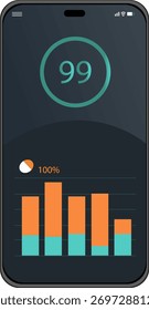 Tela de Smartphone exibindo visualização de dados com gráficos e barra de progresso