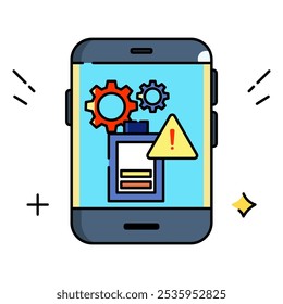 Pantalla del smartphone que muestra la advertencia de error con los engranajes, conveniente para los blogs de la tecnología, los artículos de la solución de problemas del software, y los servicios de reparación del dispositivo móvil