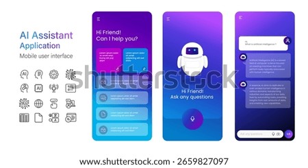 Smartphone screen displaying a friendly AI chatbot interface with conversation examples artificial intelligence assistant chat robot illustration