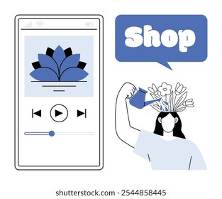 Smartphone screen displaying a music app and a person watering blooming flowers sprouting from their head. Ideal for mindfulness self-care e-commerce mental health relaxation. Minimalist vector style