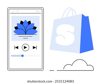 Smartphone screen displaying music player with lotus flower graphic and play controls next to a blue shopping bag. Ideal for promoting mobile applications, e-commerce, online shopping, music