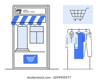 Tela Smartphone exibindo uma loja online com um toldo, um rack de roupas com roupas e um ícone de carrinho de compras. Ideal para e-commerce, aplicativos móveis, compras on-line, varejo digital, moda