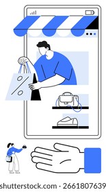 Pantalla de teléfono inteligente que muestra Elementos de compras, persona que sostiene bolsas de compras, artículos de comercio electrónico. Ideal para compras en línea, comercio electrónico, App móviles, transacciones digitales, venta minorista, mercados