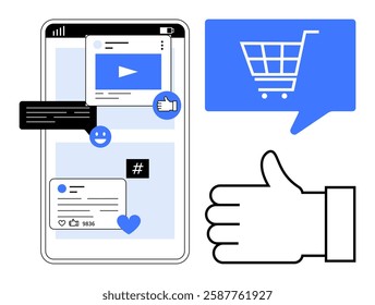 Smartphone screen displaying social media activity with likes, comments, and metadata tags. Blue shopping cart, like button, chat bubble, thumbs-up icon, and video player. Ideal for marketing, social