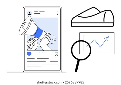 Smartphone screen displaying a social media post, a hand with a blue megaphone, a shoe icon, magnifying glass viewing rising graph. Ideal for marketing, e-commerce, social media, advertising