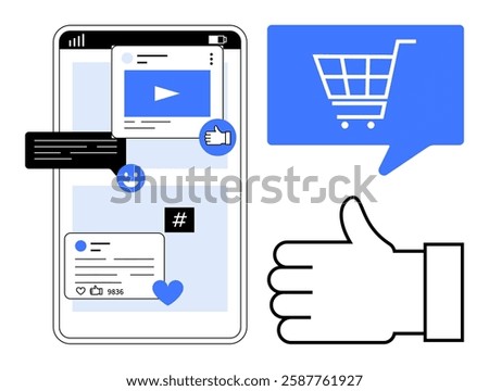 Smartphone screen displaying social media activity with likes, comments, and metadata tags. Blue shopping cart, like button, chat bubble, thumbs-up icon, and video player. Ideal for marketing, social