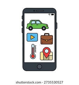 Smartphone screen displays icons for navigation transportation business and multimedia apps on a white background