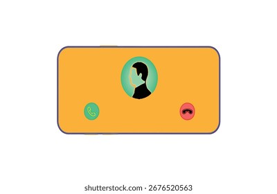 A smartphone screen displays an incoming call with a profile silhouette of a man, an answer button, and a decline button.