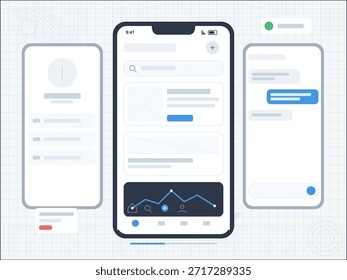 Una pantalla de teléfono inteligente muestra una interfaz de App móvil con secciones para perfiles de usuario, funciones de búsqueda y mensajería. Gráficos y análisis se muestran en la parte inferior.