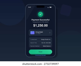 Una pantalla de smartphone muestra una transacción de pago móvil. El pago de $ 1,250.00 fue exitoso y se envió a Design Studio Inc. utilizando una tarjeta de débito virtual.