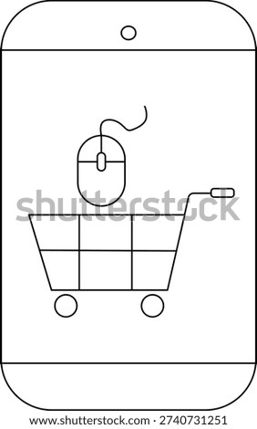 A smartphone screen displays a mouse above a shopping cart both in outline