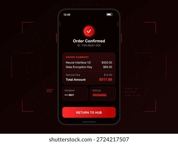Una pantalla de smartphone muestra una confirmación de pedido, detallando los Precios del producto y una cantidad total. El Estado muestra el procesamiento, lo que indica una operación en curso.