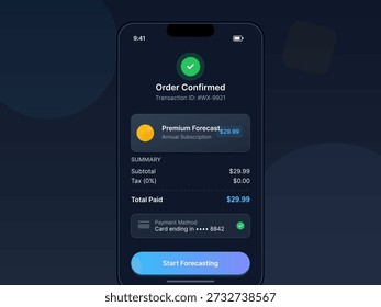 A smartphone screen displays an order confirmation for a premium forecast subscription. The summary includes subtotal, tax, and total paid amounts clearly shown on the screen.
