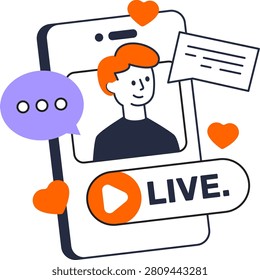 A smartphone screen displays a person with speech bubbles and heart icons nearby. This concept represents live social media broadcasting and online audience engagement.