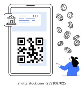 A smartphone screen displays a QR code for secure banking transactions. Surrounding coins represent various cryptocurrencies. A person in blue interacts with the interface. Ideal for digital