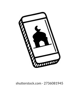 Smartphone screen displays a simple mosque icon with a crescent moon.