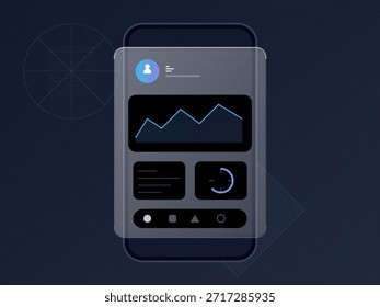 Ein Smartphone-Bildschirm zeigt eine Benutzeroberfläche mit Datengrafiken, Steuerknöpfen und einem Profilabschnitt an. Der dunkle Hintergrund hebt das Schnittstellendesign hervor.