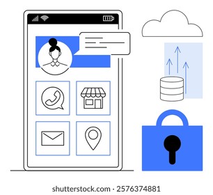 A smartphone screen displays a user profile, messaging, and app icons. Nearby are icons for data security, cloud storage, and data transfer