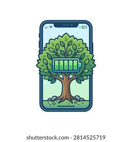 A smartphone screen displays a vibrant green tree with a full battery icon superimposed on its trunk, symbolizing eco-friendly technology.