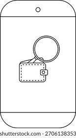 A smartphone screen displays a wallet under a magnifying glass