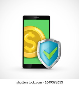 Smartphone screen with dollar coin on the screen with a shield. Secure payments and banking. Isolated on a white background. Vector illustration.