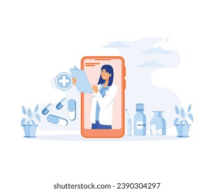 Smartphone screen with a female doctor. Online medical services, consultation and telemedicine concept.  flat vector modern illustration 