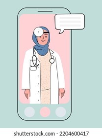 Smartphone screen with female muslim doctor wearing hijab. Online consultation with an otolaryngologist.