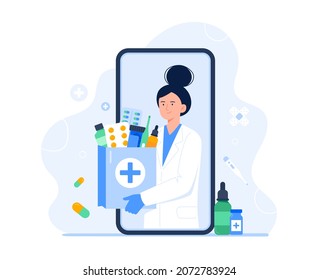 Smartphone screen with a female pharmacist with a bag of medication. Online pharmacy, delivery drugs, prescription medicines. Vector flat illustration.