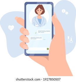 Smartphone screen with female therapist. Chat in messenger and online consultation. Vector flat banner template. Ask doctor. Online medical advise or consultation service, telemedicine, cardiology