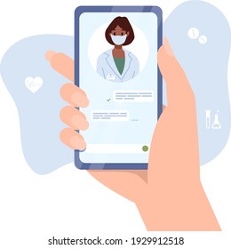 Smartphone screen with female therapist. Chat in messenger and online consultation. Vector flat banner template. Ask doctor. Online medical advise or consultation service, telemedicine, cardiology