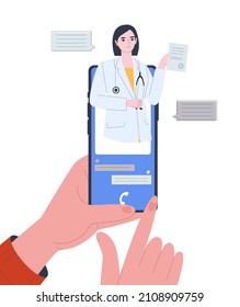 Smartphone screen with female therapist chatting. Online consultations in the messenger.
Medical online consultations or consulting services. Flat vector illustration