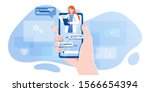 smartphone screen with female therapist on chat in messenger and an online consultation. Vector flat illustration. Ask doctor. Online medical advise or consultation service, tele medicine, cardiology