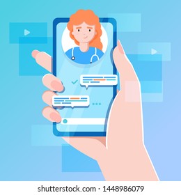 smartphone screen with female therapist on chat in messenger and an online consultation. Vector flat illustration. Ask doctor. Online medical advise or consultation service, tele medicine, cardiology