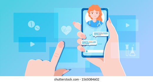 smartphone screen with female therapist on chat in messenger and an online consultation. Vector flat illustration. Ask doctor. Online medical advise or consultation service, tele medicine, cardiology