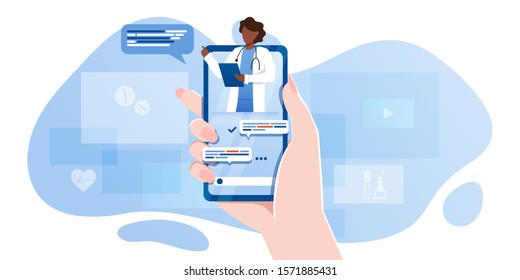 smartphone screen with female therapist on chat in messenger and an online consultation. Vector flat illustration. Ask doctor. Online medical advise or consultation service, tele medicine, cardiology