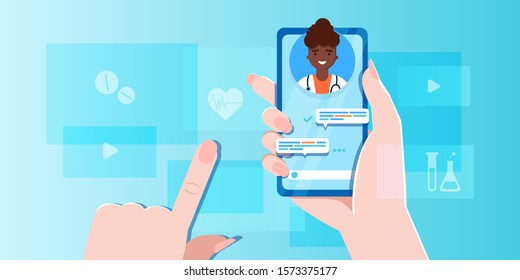 smartphone screen with female therapist on chat in messenger and an online consultation. Vector flat illustration. Ask doctor. Online medical advise or consultation service, tele medicine, cardiology