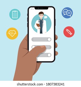 smartphone screen with female therapist on chat in messenger and an online consultation. Vector flat illustration. Ask doctor. Online medical advise or consultation service, tele medicine, cardiology