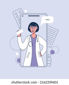 Smartphone screen with female therapist on chat in messenger and an online consultation. Medicine online, doctor medical health, consultation smartphone. Vector illustration