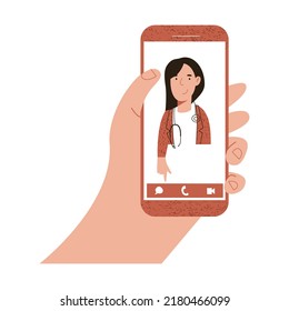  Smartphone screen with female therapist on chat in messenger and an online consultation. Ask doctor. Online medical advise or consultation service, tele medicine.