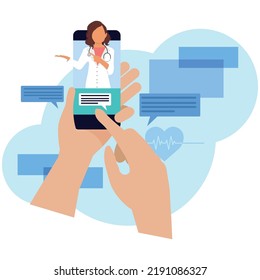 smartphone screen with female therapist on messenger chat and an online appointment. Flat vector illustration. Ask the doctor. Online medical advice or consultation service, tele medicine, cardiology.